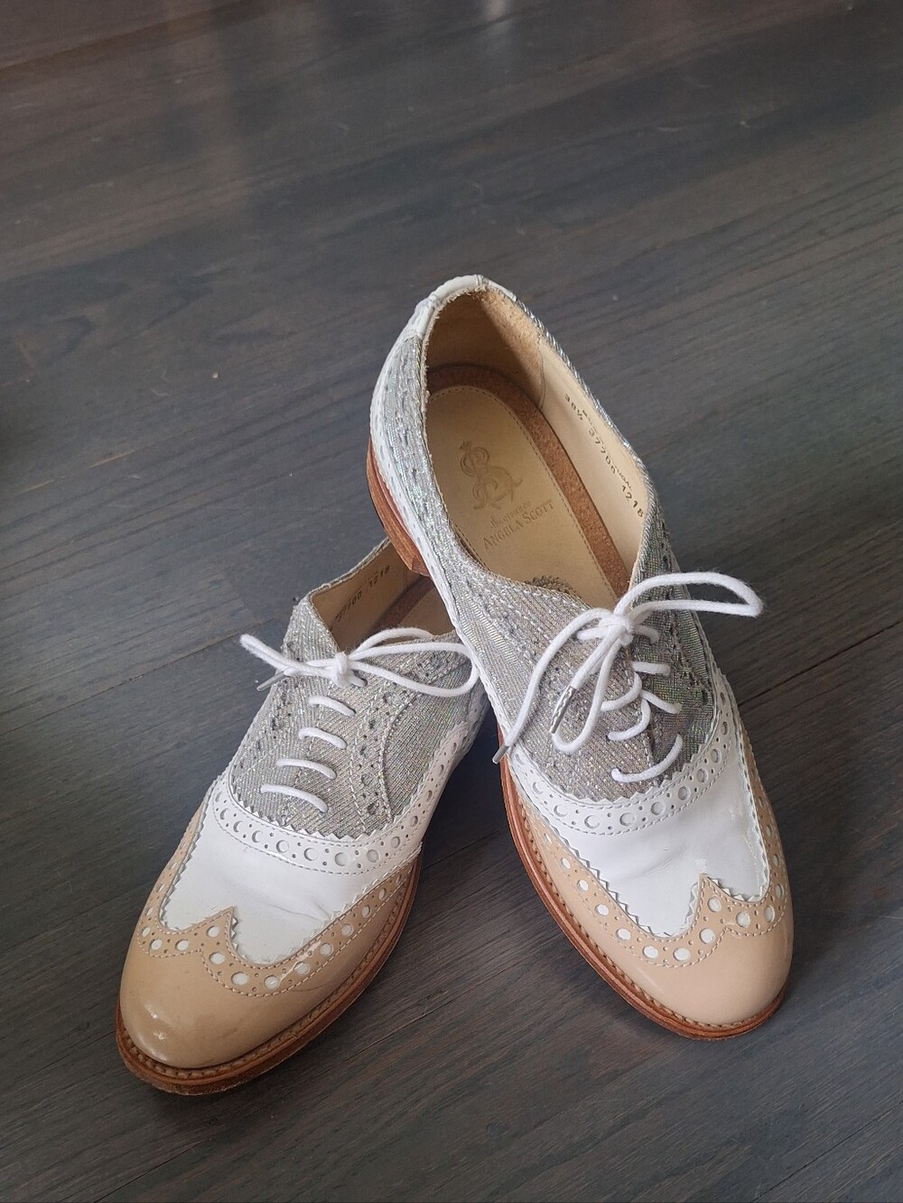 The Office of Angela Scott Mr. Doubt saddle oxford tan white silver  38.5/8.5